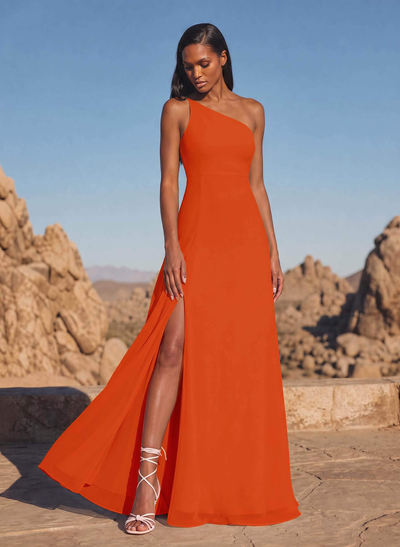 A-Line Asymmetrical Sleeveless Floor-Length Chiffon Bridesmaid Dresses With High Split
