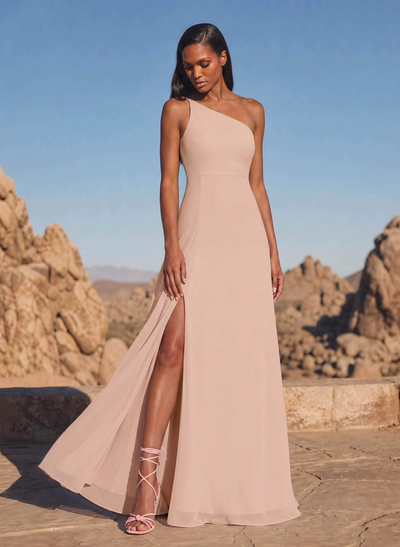 A-Line Asymmetrical Sleeveless Floor-Length Chiffon Bridesmaid Dresses With High Split