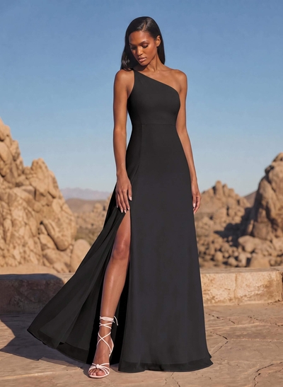 A-Line Asymmetrical Sleeveless Floor-Length Chiffon Bridesmaid Dresses With High Split