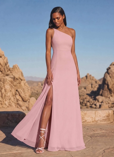 A-Line Asymmetrical Sleeveless Floor-Length Chiffon Bridesmaid Dresses With High Split