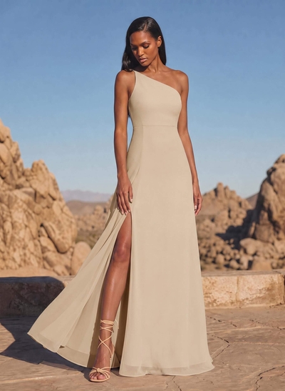 A-Line Asymmetrical Sleeveless Floor-Length Chiffon Bridesmaid Dresses With High Split