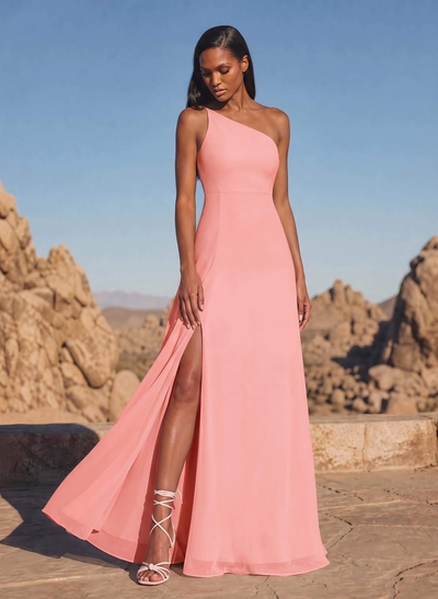 A-Line Asymmetrical Sleeveless Floor-Length Chiffon Bridesmaid Dresses With High Split
