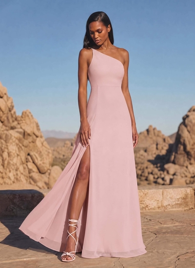 A-Line Asymmetrical Sleeveless Floor-Length Chiffon Bridesmaid Dresses With High Split