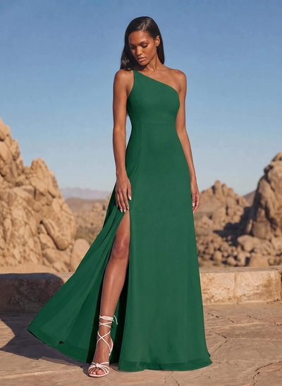 A-Line Asymmetrical Sleeveless Floor-Length Chiffon Bridesmaid Dresses With High Split