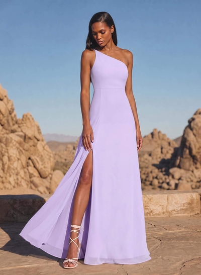 A-Line Asymmetrical Sleeveless Floor-Length Chiffon Bridesmaid Dresses With High Split