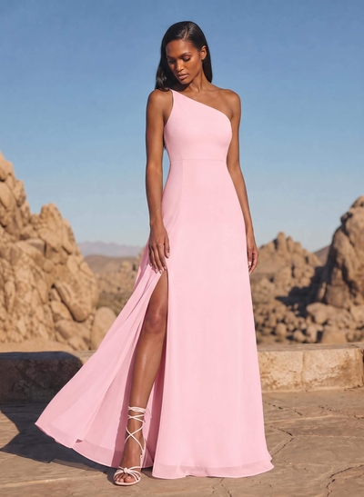 A-Line Asymmetrical Sleeveless Floor-Length Chiffon Bridesmaid Dresses With High Split