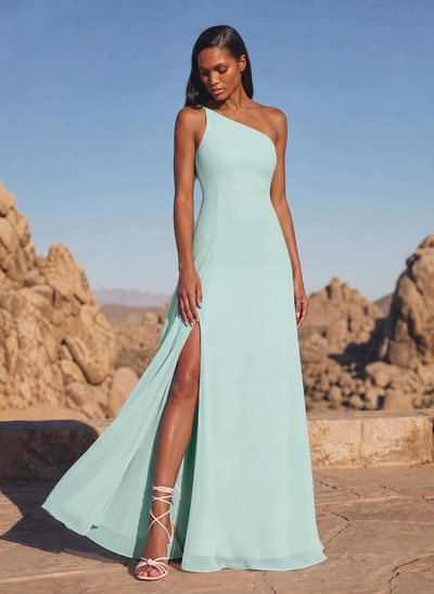 A-Line Asymmetrical Sleeveless Floor-Length Chiffon Bridesmaid Dresses With High Split