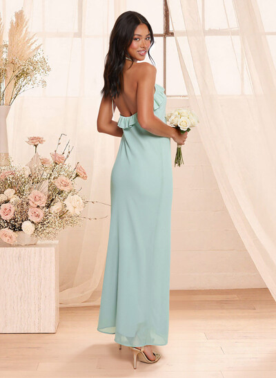 Sheath/Column Halter Sleeveless Ankle-Length Chiffon Bridesmaid Dresses With Ruffle/High Split
