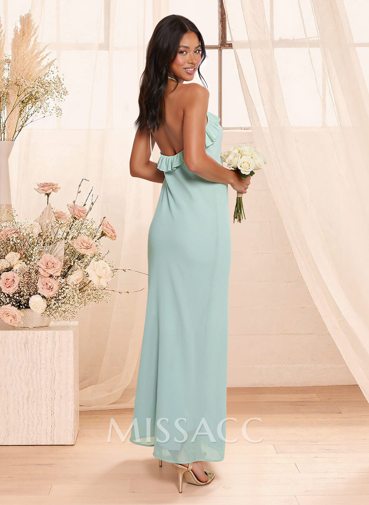 Sheath/Column Halter Sleeveless Ankle-Length Chiffon Bridesmaid Dresses With Ruffle/High Split