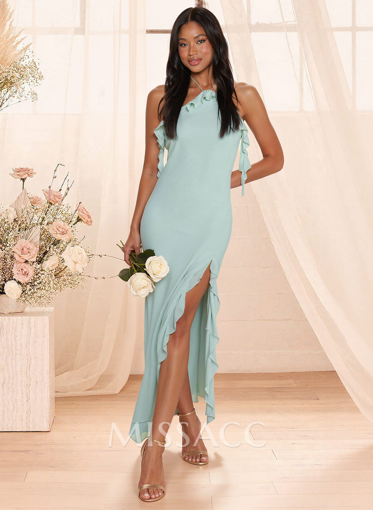 Sheath/Column Halter Sleeveless Ankle-Length Chiffon Bridesmaid Dresses With Ruffle/High Split