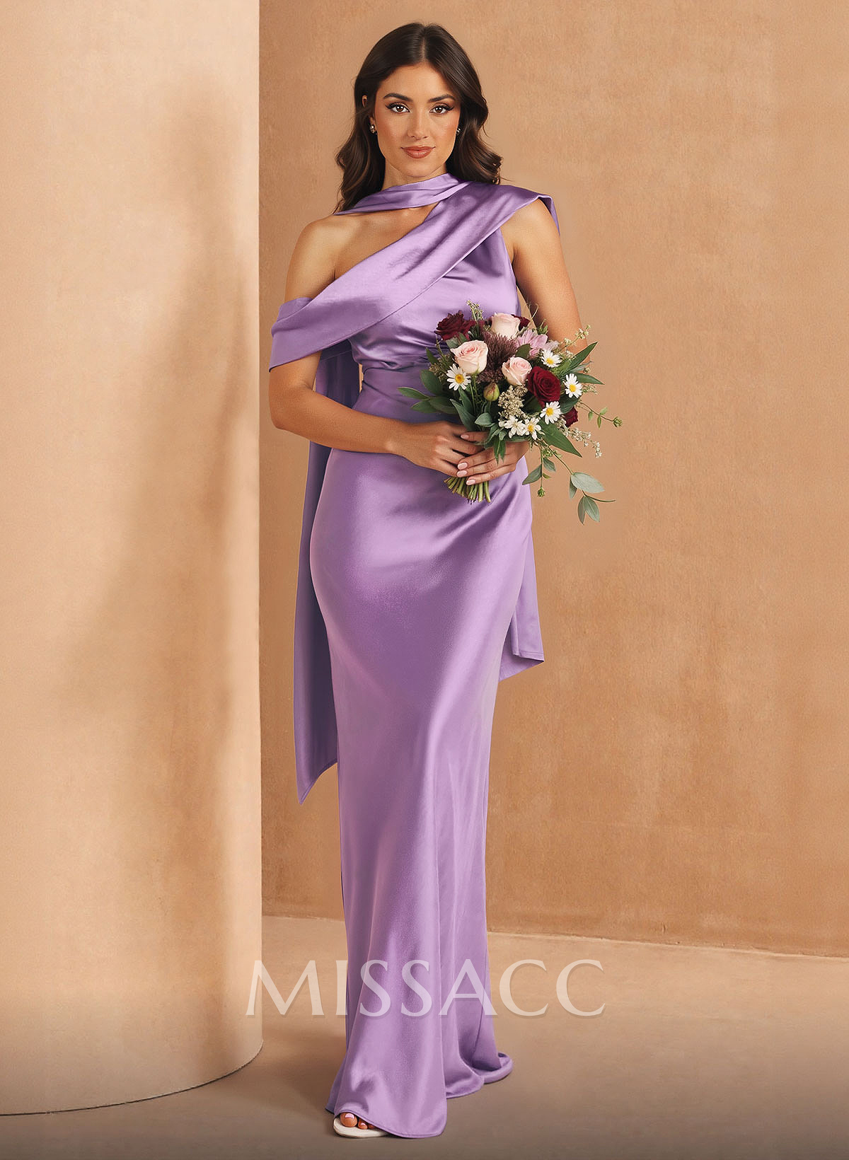 Elegant Asymmetrical Neckline Sleeveless Floor-Length Stretch Satin Bridesmaid Dresses