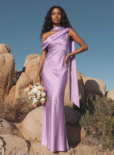 Elegant Asymmetrical Neckline Sleeveless Floor-Length Stretch Satin Bridesmaid Dresses