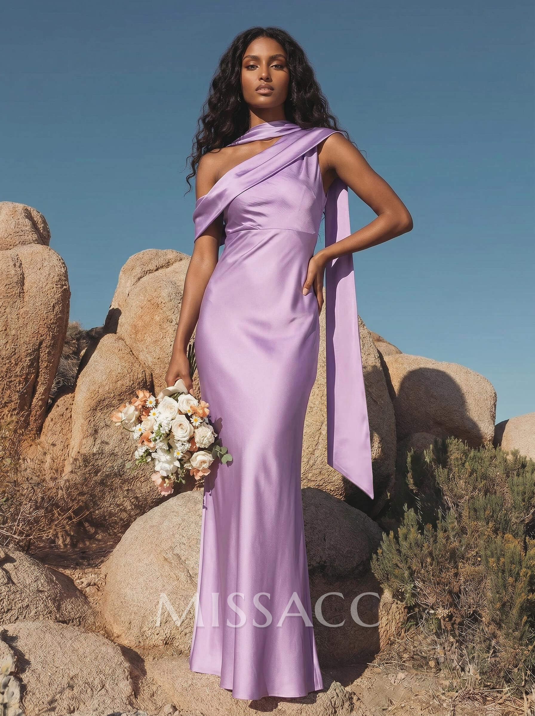 Elegant Asymmetrical Neckline Sleeveless Floor-Length Stretch Satin Bridesmaid Dresses