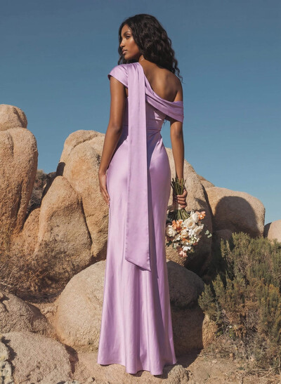 Elegant Asymmetrical Neckline Sleeveless Floor-Length Stretch Satin Bridesmaid Dresses