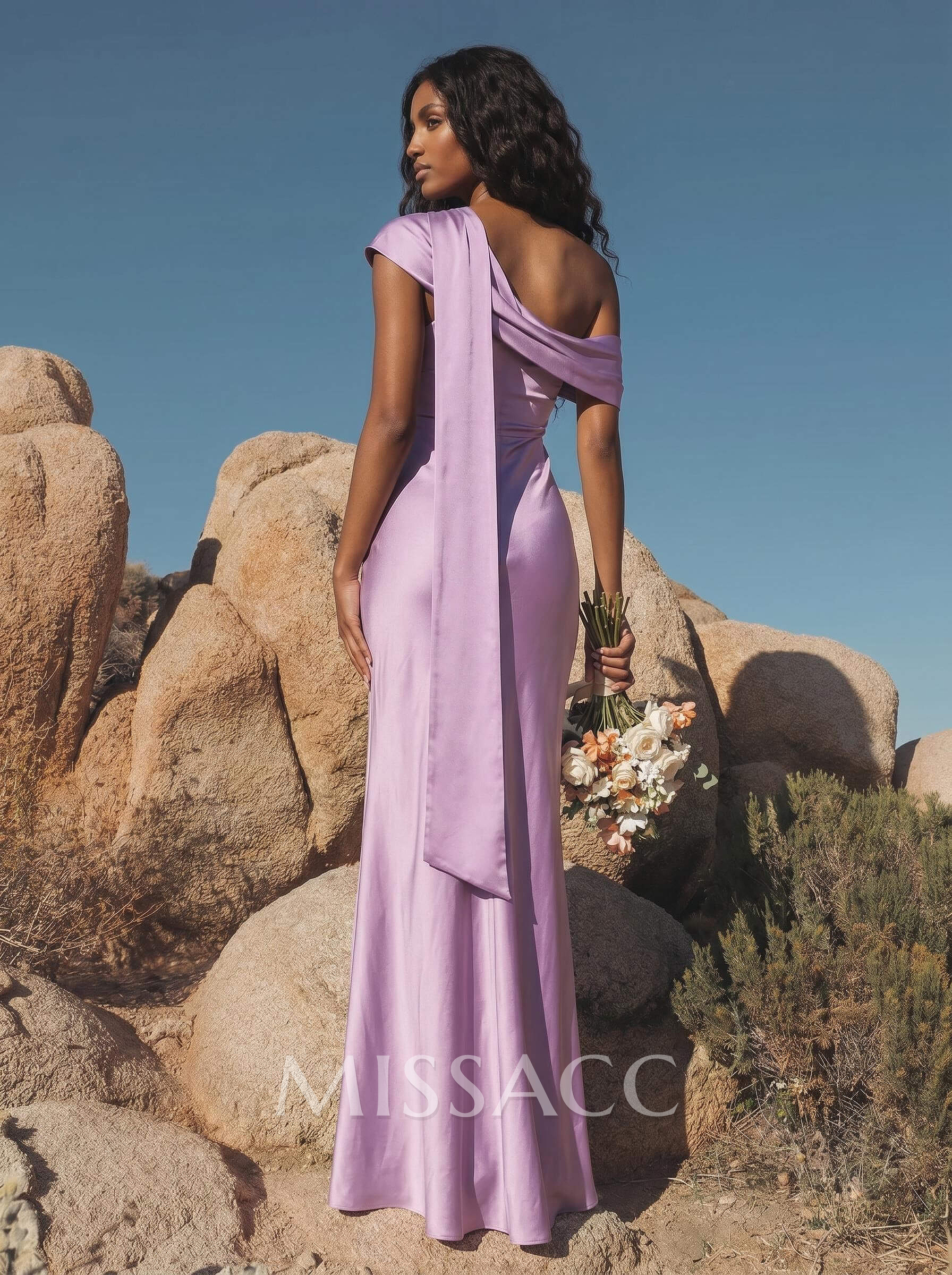 Elegant Asymmetrical Neckline Sleeveless Floor-Length Stretch Satin Bridesmaid Dresses