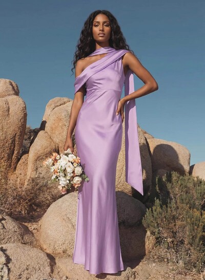 Elegant Asymmetrical Neckline Sleeveless Floor-Length Stretch Satin Bridesmaid Dresses
