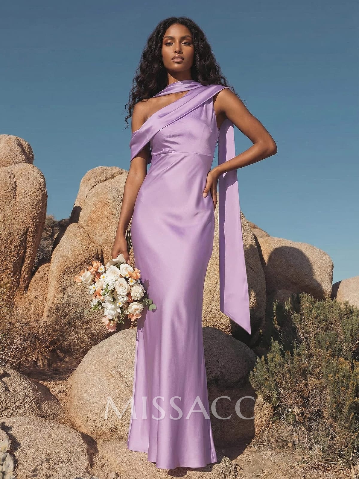 Elegant Asymmetrical Neckline Sleeveless Floor-Length Stretch Satin Bridesmaid Dresses