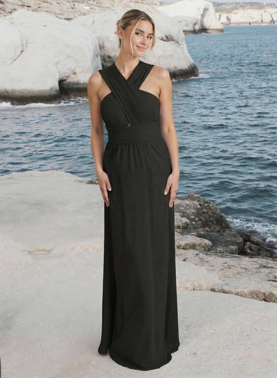 A-Line Halter Sleeveless Floor-Length Chiffon Bridesmaid Dresses With Pleated