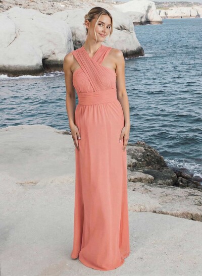 A-Line Halter Sleeveless Floor-Length Chiffon Bridesmaid Dresses With Pleated