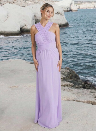 A-Line Halter Sleeveless Floor-Length Chiffon Bridesmaid Dresses With Pleated