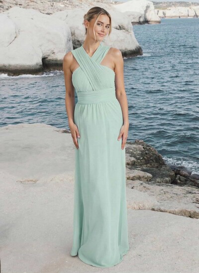 A-Line Halter Sleeveless Floor-Length Chiffon Bridesmaid Dresses With Pleated