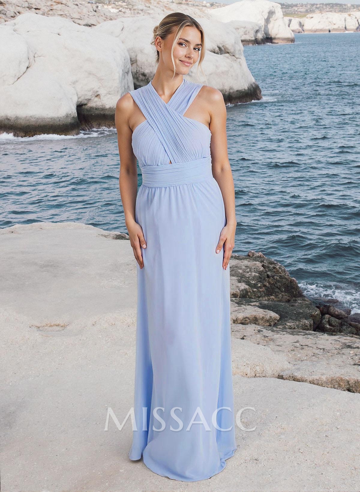 A-Line Halter Sleeveless Floor-Length Chiffon Bridesmaid Dresses With Pleated A-Line Halter Sleeveless Floor-Length Chiffon Bridesmaid Dresses With Pleated