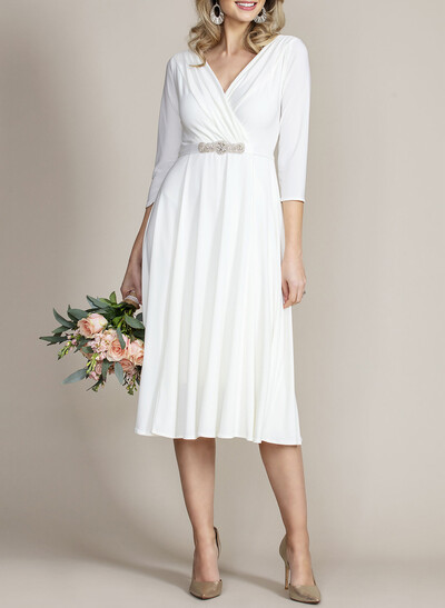 Elegant V-Neck 3/4 Sleeves A-Line Tea-Length Cocktail Dresses With Beading
