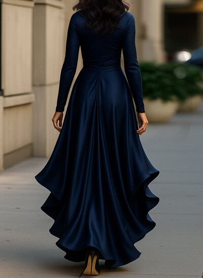 Elegant V-Neck Long Sleeves A-Line Ruffle Asymmetrical Length Acetate Satin Cocktail Dresses