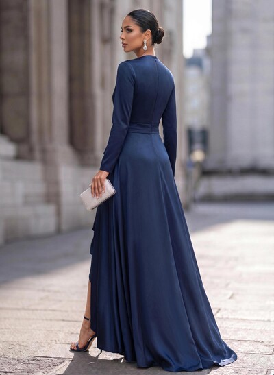 Elegant V-Neck Long Sleeves A-Line Ruffle Asymmetrical Length Acetate Satin Cocktail Dresses