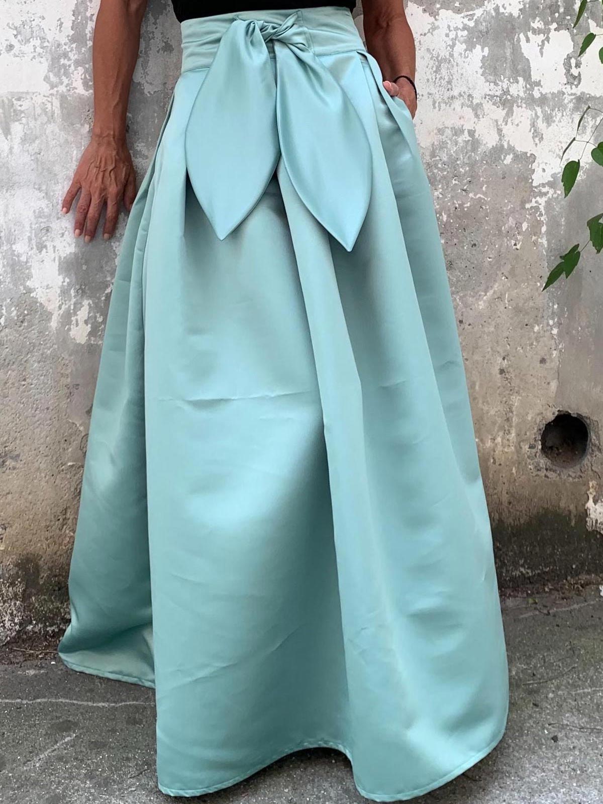 Simple A-Line Floor-Length Satin Skirt With Bow(s) Belt