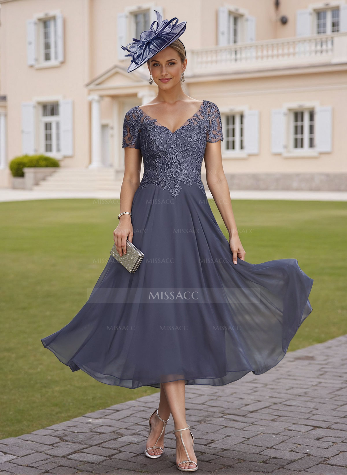 Elegant V-Neck Short Sleeves A-Line Tea-Length Lace/Chiffon Cocktail Dresses