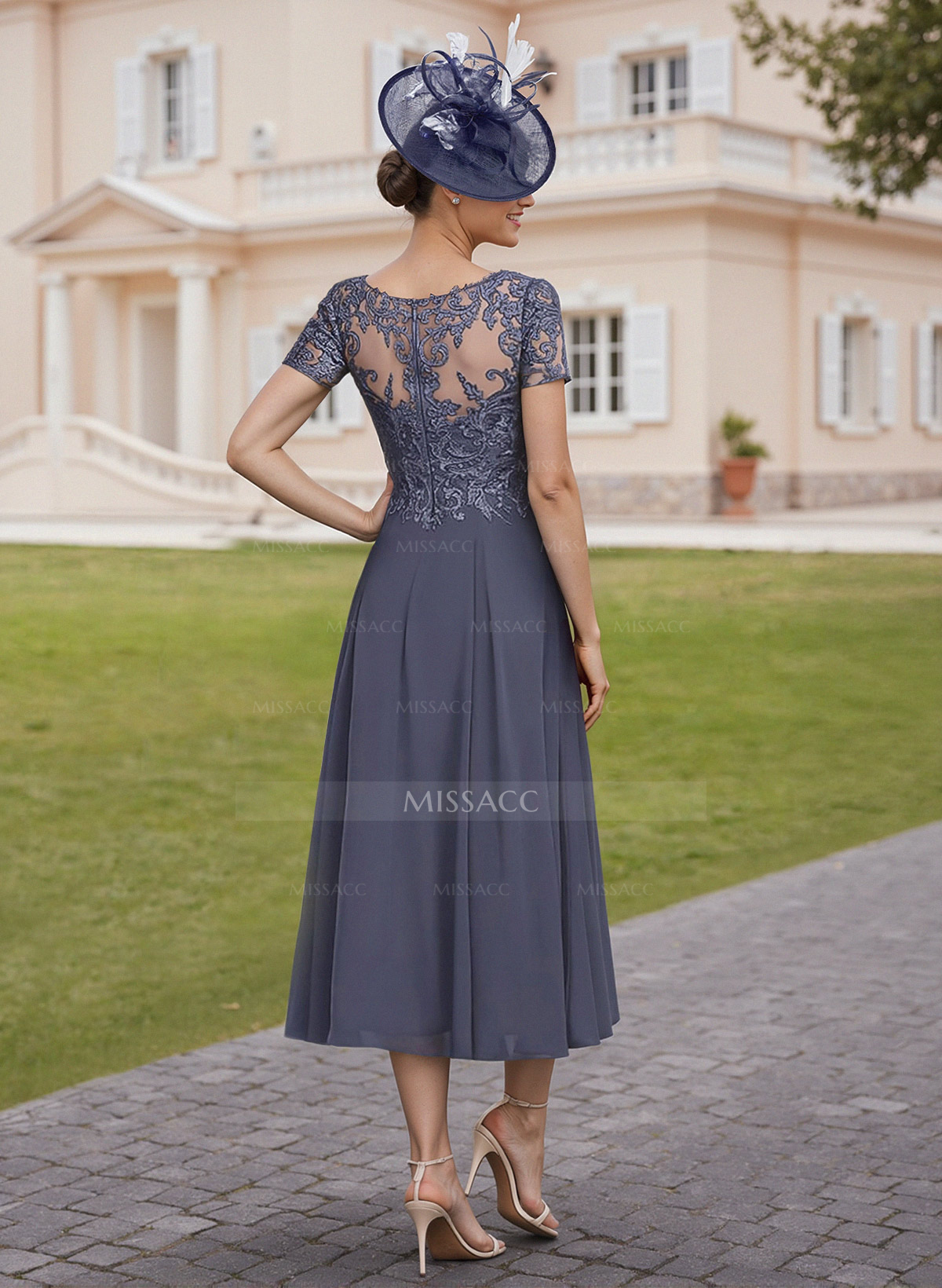 Elegant V-Neck Short Sleeves A-Line Tea-Length Lace/Chiffon Cocktail Dresses