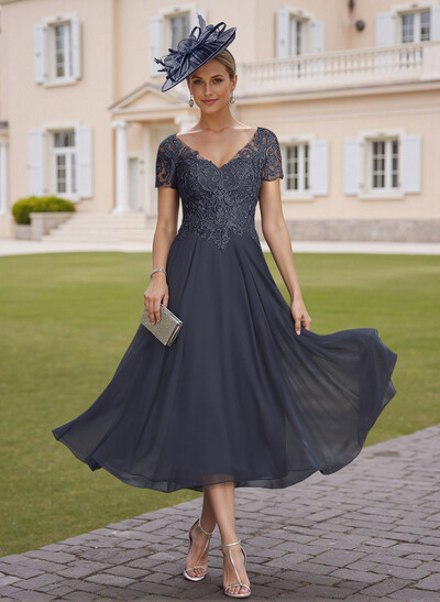 Elegant V-Neck Short Sleeves A-Line Tea-Length Lace/Chiffon Cocktail Dresses