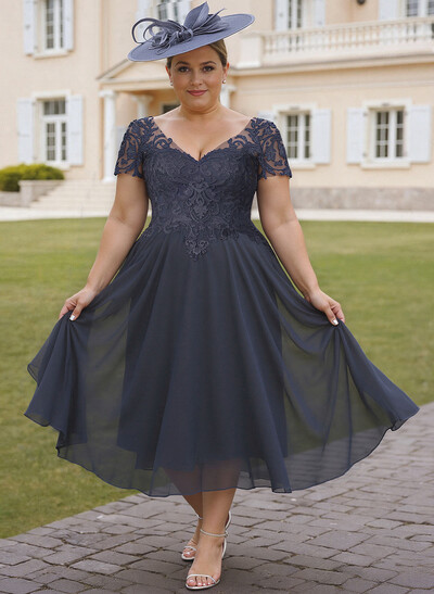 Elegant V-Neck Short Sleeves A-Line Tea-Length Lace/Chiffon Cocktail Dresses