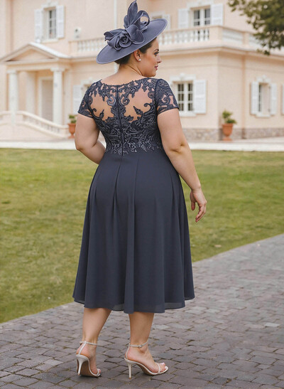 Elegant V-Neck Short Sleeves A-Line Tea-Length Lace/Chiffon Cocktail Dresses