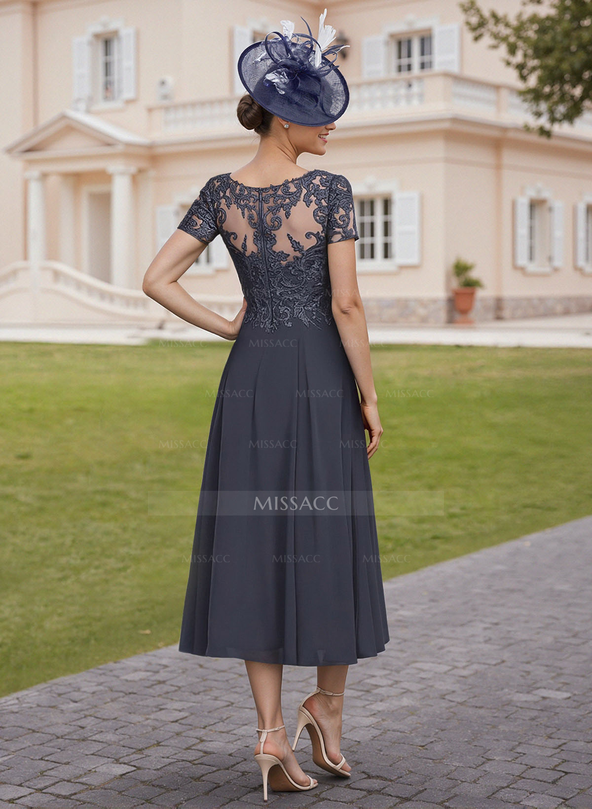 Elegant V-Neck Short Sleeves A-Line Tea-Length Lace/Chiffon Cocktail Dresses