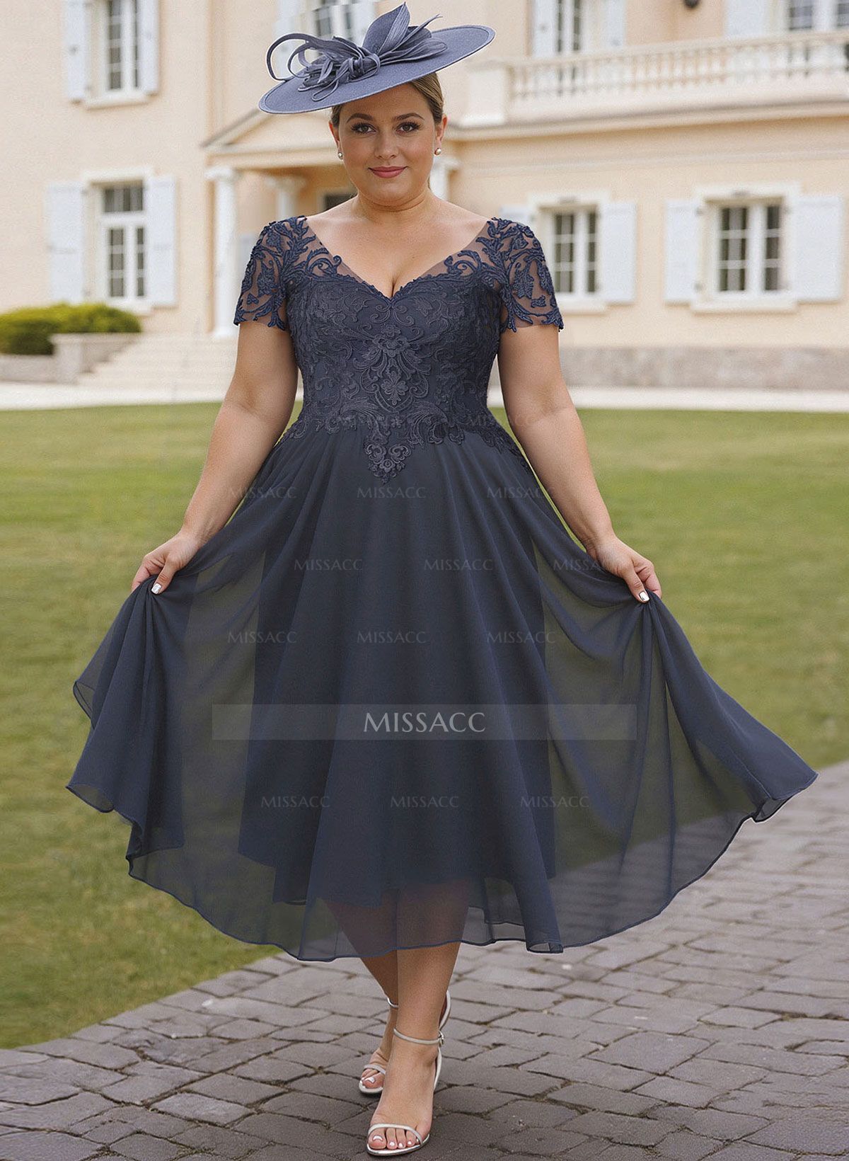 Elegant V-Neck Short Sleeves A-Line Tea-Length Lace/Chiffon Cocktail Dresses