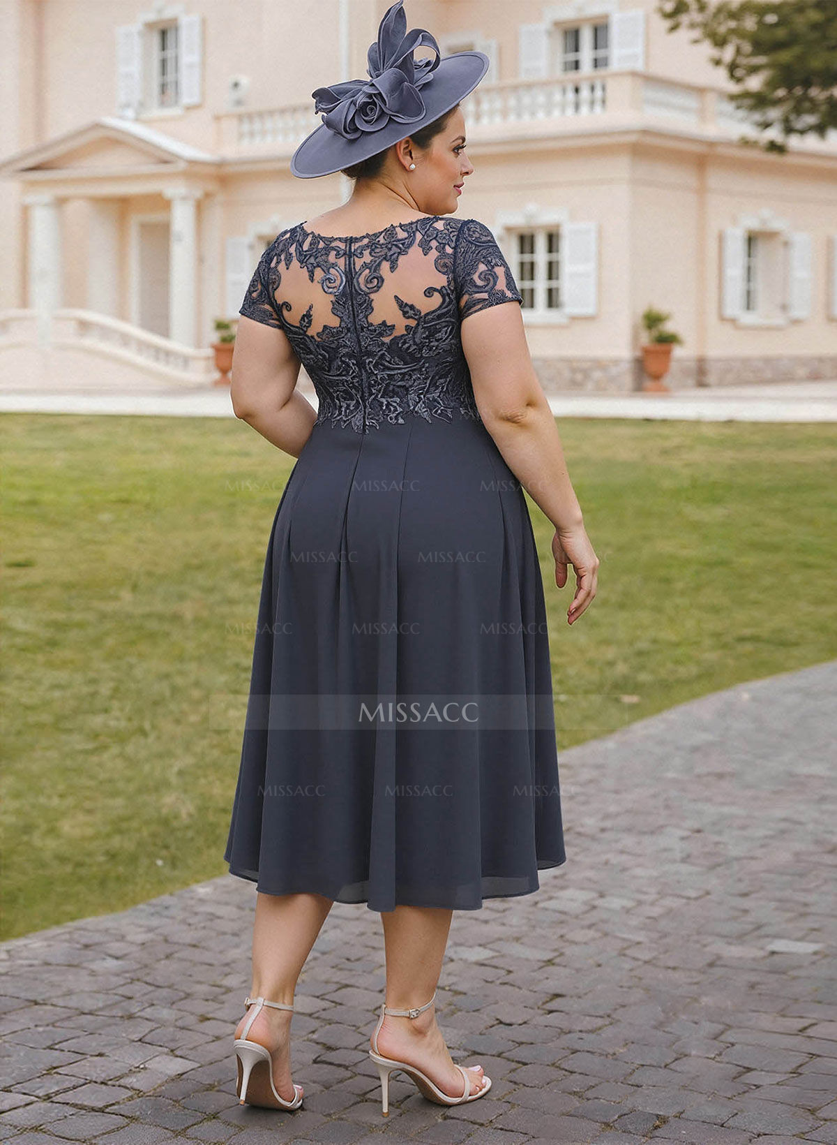 Elegant V-Neck Short Sleeves A-Line Tea-Length Lace/Chiffon Cocktail Dresses