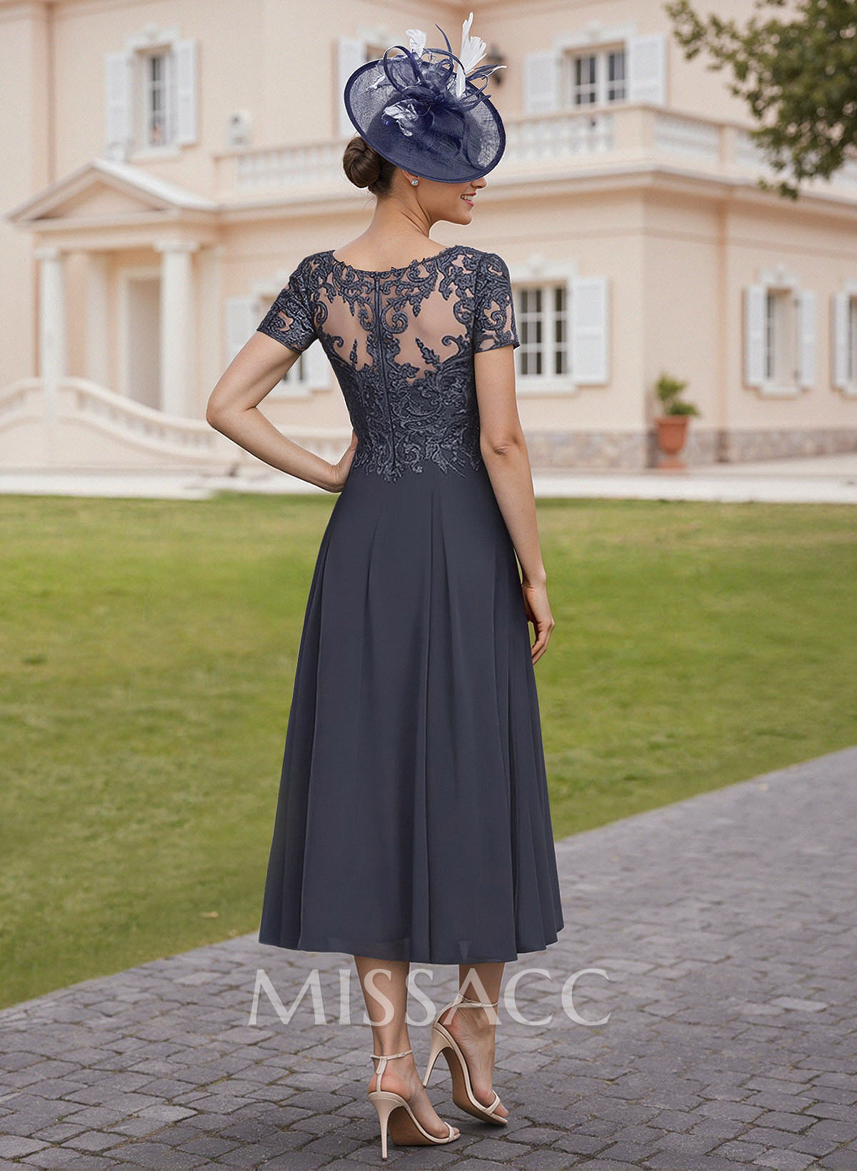 Elegant V-Neck Short Sleeves A-Line Tea-Length Lace/Chiffon Cocktail Dresses