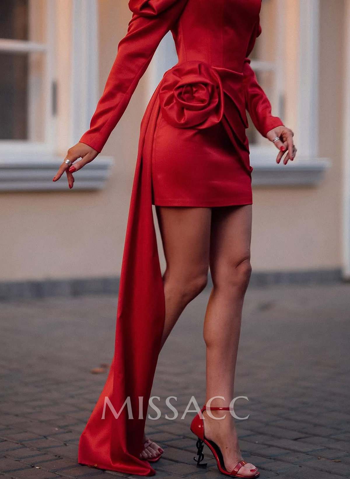 Elegant Square Neckline Long Sleeves Flower(s) Detachable Sweeping Side Drape Tiered Short/Mini Matte Satin Cocktail Dresses Elegant Square Neckline Long Sleeves Flower(s) Detachable Sweeping Side Drape Tiered Short/Mini Matte Satin Cocktail Dresses
