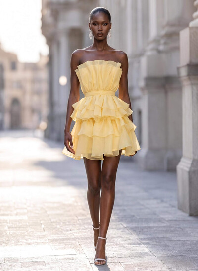 Sweet Ruffle Strapless Sleeveless Tiered A-Line Short/Mini Tulle Cocktail Dresses
