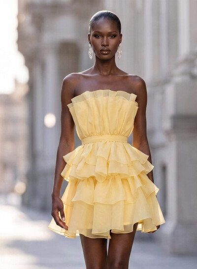 Sweet Ruffle Strapless Sleeveless Tiered A-Line Short/Mini Tulle Cocktail Dresses