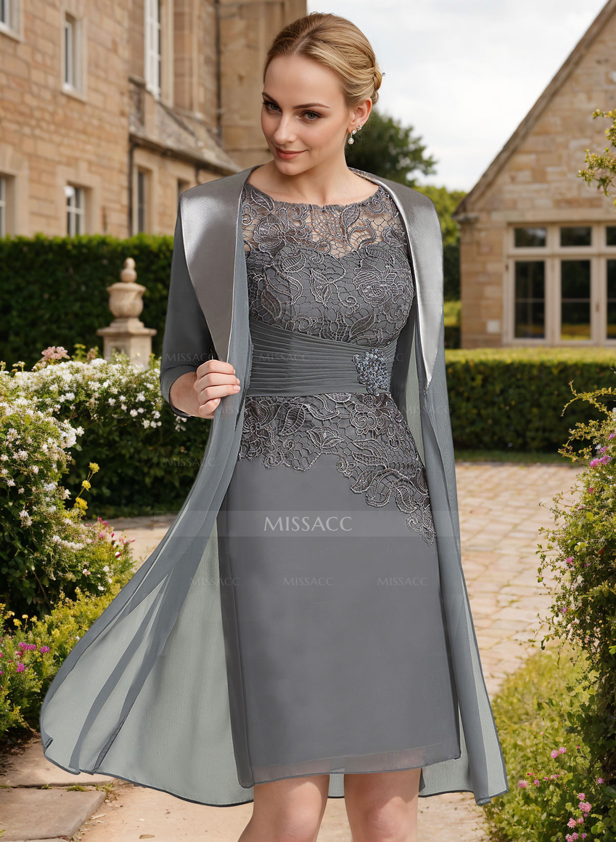 Sheath/Column 1/2 Sleeves Scoop Neck Chiffon Lace Cocktail Dresses
