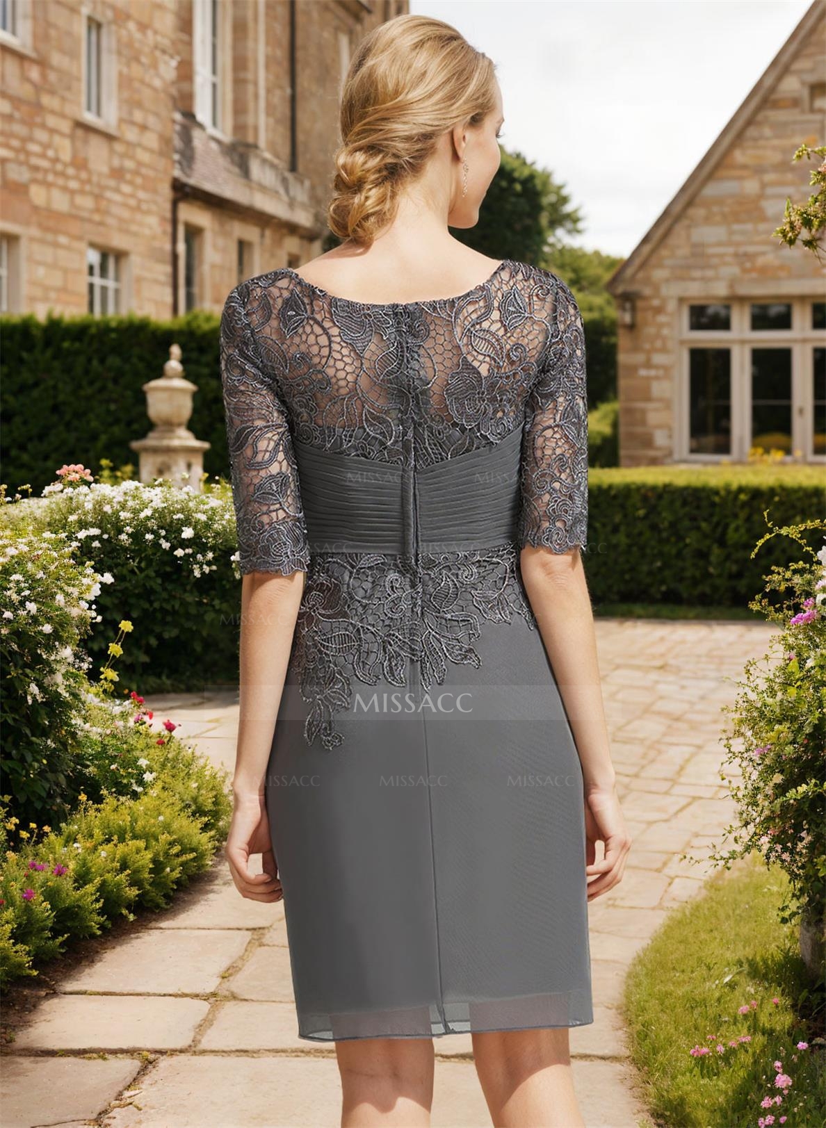 Sheath/Column 1/2 Sleeves Scoop Neck Chiffon Lace Cocktail Dresses