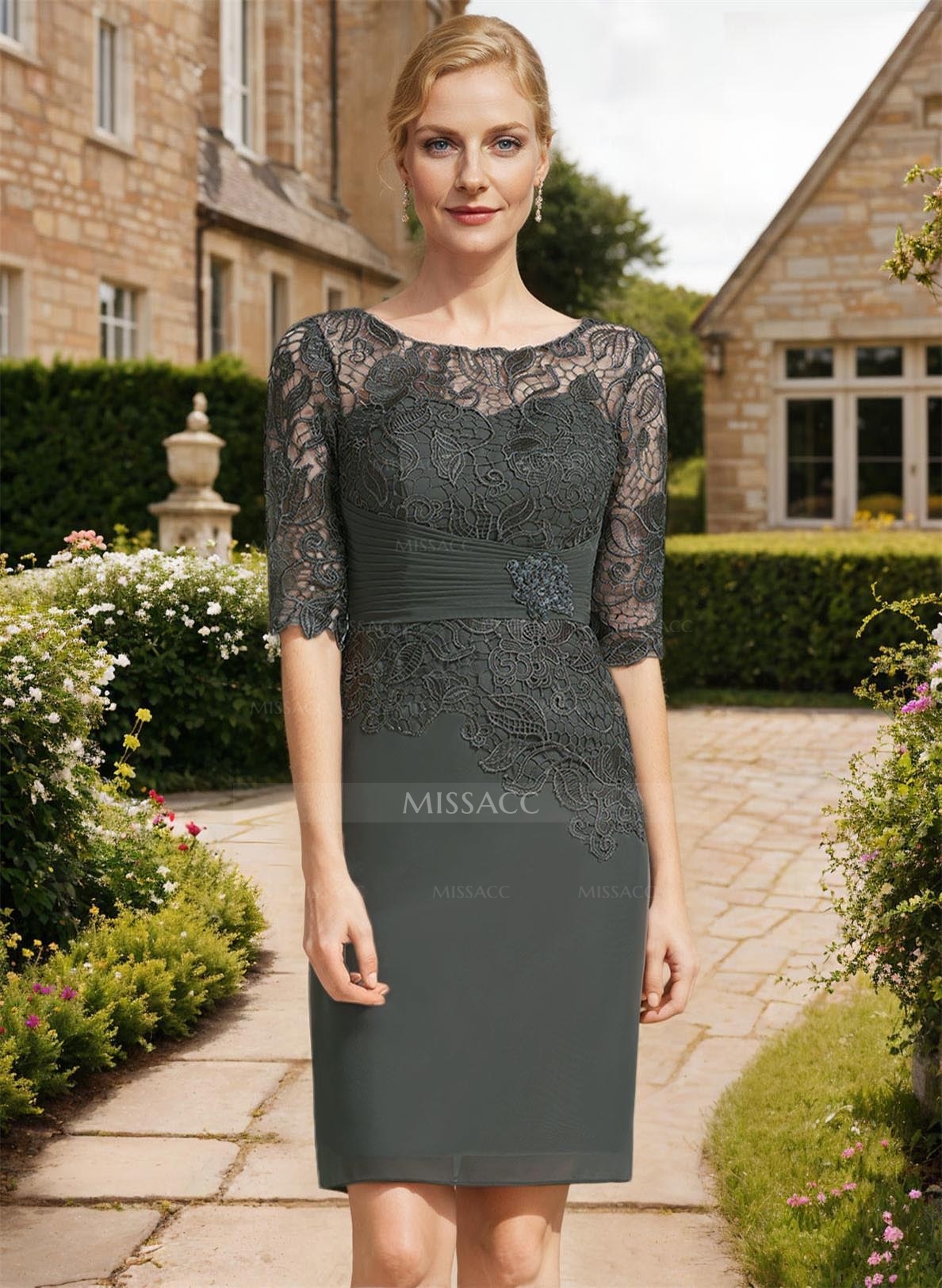 Sheath/Column 1/2 Sleeves Scoop Neck Chiffon Lace Cocktail Dresses