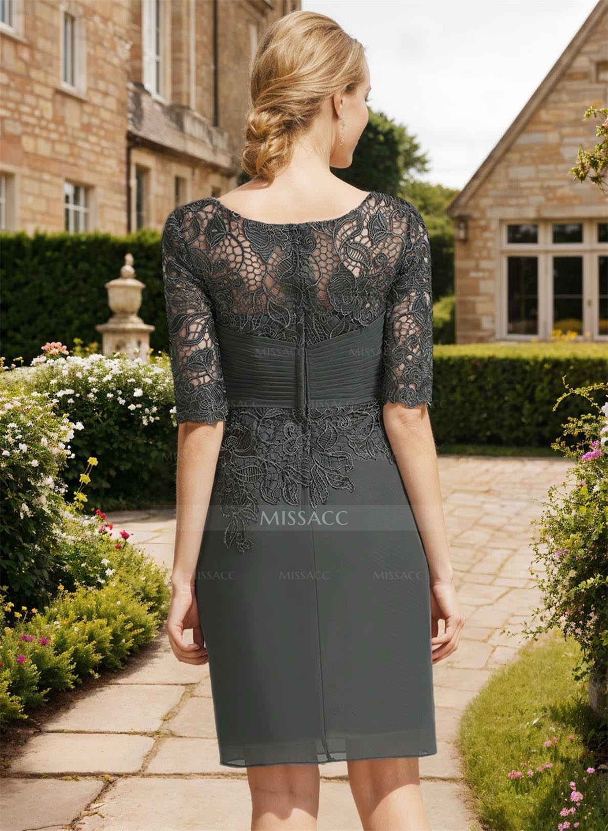 Sheath/Column 1/2 Sleeves Scoop Neck Chiffon Lace Cocktail Dresses