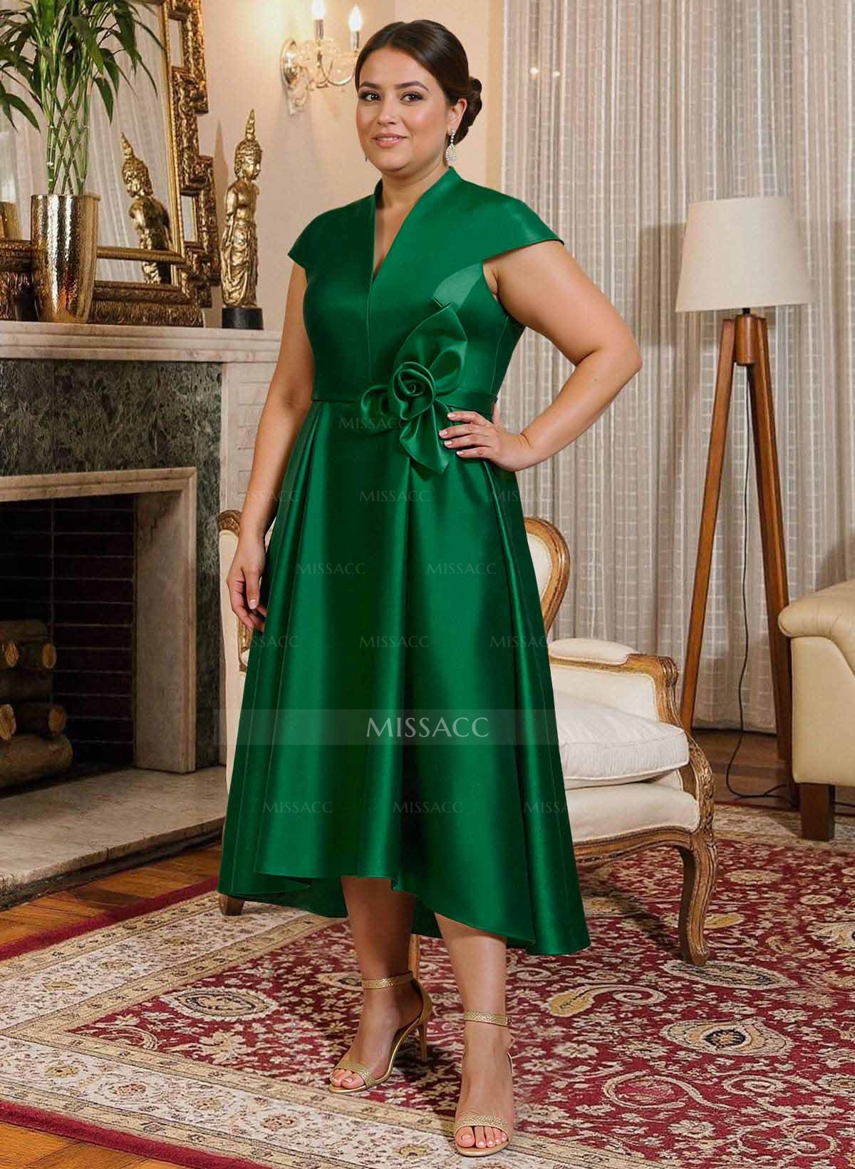 Modest V-Neck Cap Strsps Cocktail Dresses With 3D Floral