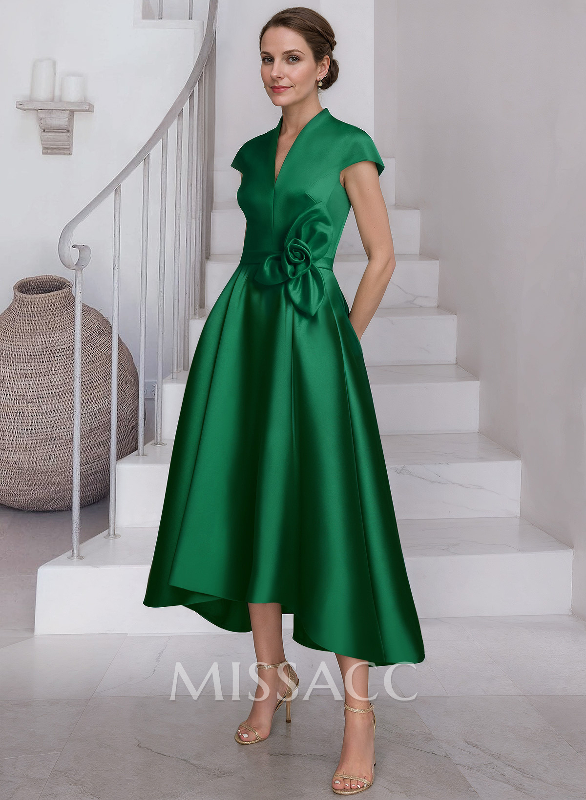 Modest V-Neck Cap Strsps Cocktail Dresses With 3D Floral