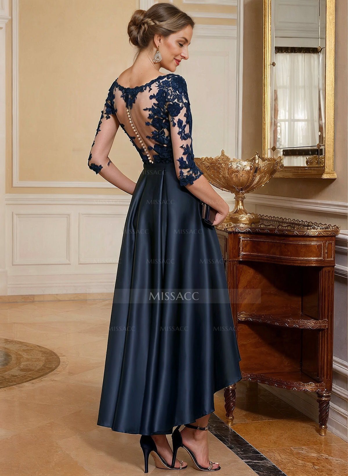 A-Line V-Neck 3/4 Sleeves Asymmetrical Lace Cocktail Dresses