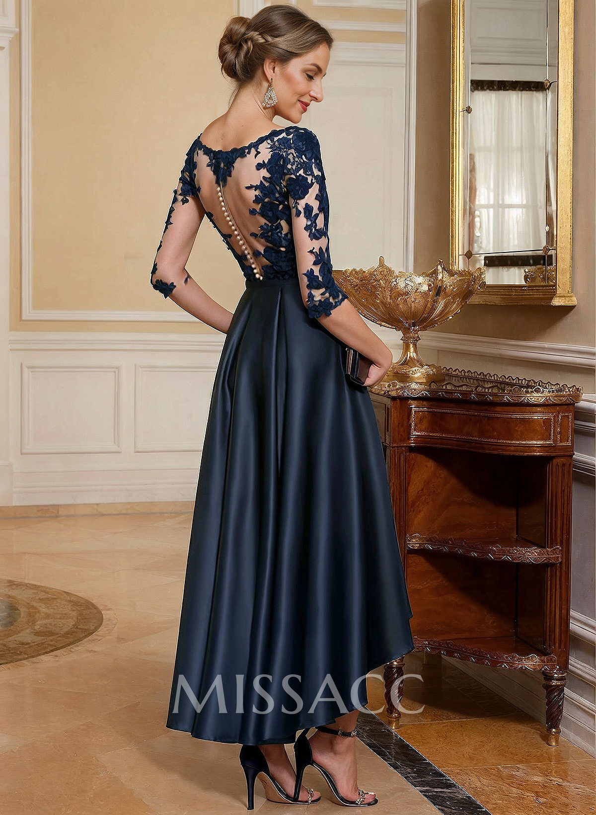 A-Line V-Neck 3/4 Sleeves Asymmetrical Lace Cocktail Dresses